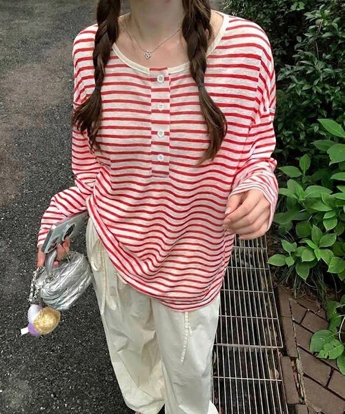 shyam inspiration(シャムインスピレーション)の「ヘンリーネックシアーボーダーロンT(Tシャツ/カットソー・レディース・レッド/ピンク/サックスブルー・M/L)」の10枚目の写真