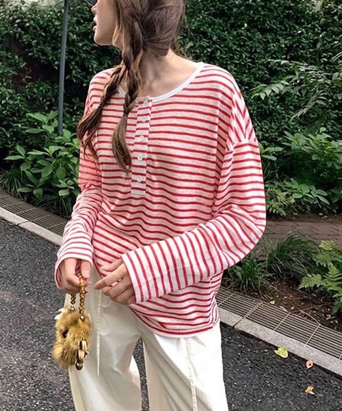 shyam inspiration(シャムインスピレーション)の「ヘンリーネックシアーボーダーロンT(Tシャツ/カットソー・レディース・レッド/ピンク/サックスブルー・M/L)」の11枚目の写真