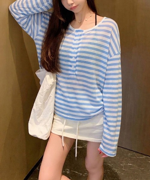 shyam inspiration(シャムインスピレーション)の「ヘンリーネックシアーボーダーロンT(Tシャツ/カットソー・レディース・レッド/ピンク/サックスブルー・M/L)」の14枚目の写真