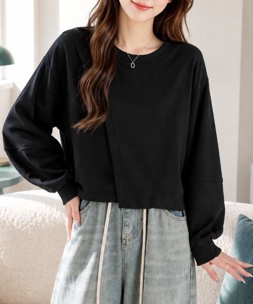 Amulet(アミュレット)の「クロップドバルーンスリーブプルオーバー(Tシャツ/カットソー・レディース・グレー/ブラック/アイボリー・L/XL/S/M)」の2枚目の写真