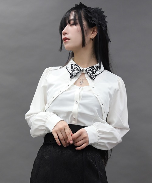 axes femme(アクシーズファム)の「バタフライ襟刺繍BL(シャツ/ブラウス・レディース・ブラック/ホワイト・MEDIUM)」の12枚目の写真
