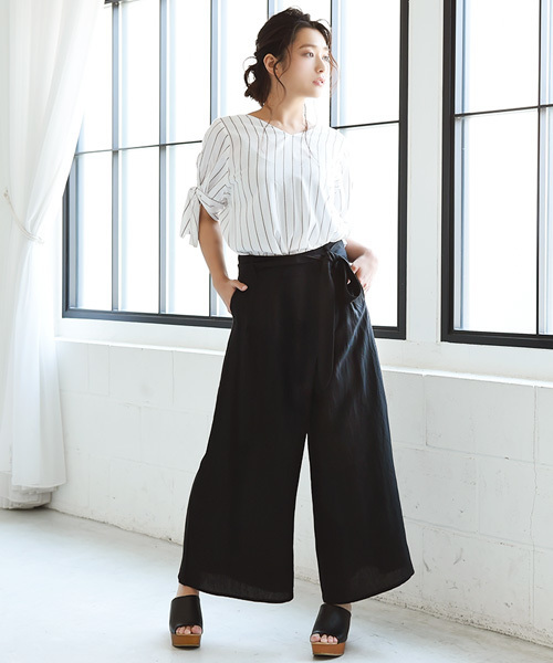 Luz Llena（ラズレナ）の「ウエストリボンアシンメトリーワイドパンツ（その他パンツ・レディース・ブラック/ベージュ・MEDIUM/LARGE）」の9枚目の写真