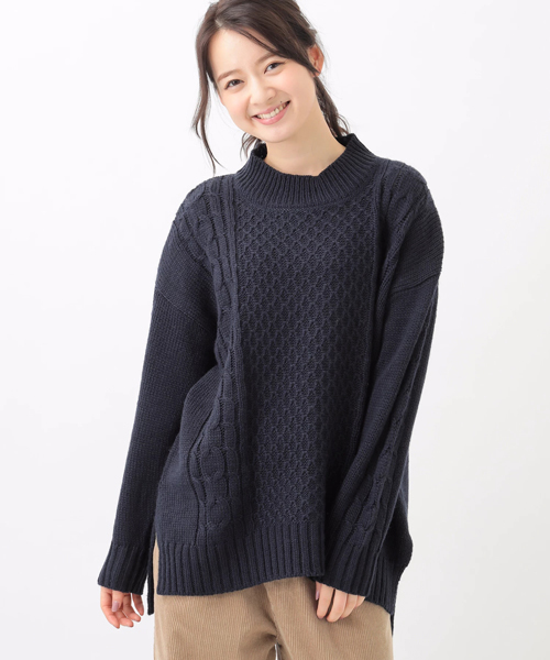 earth music&ecology(アースミュージックアンドエコロジー)の「アラン柄ケーブルニットチュニック(チュニック・レディース・ネイビー/ブルー/アイボリー/杢グレー/キャメル・FREE)」の4枚目の写真