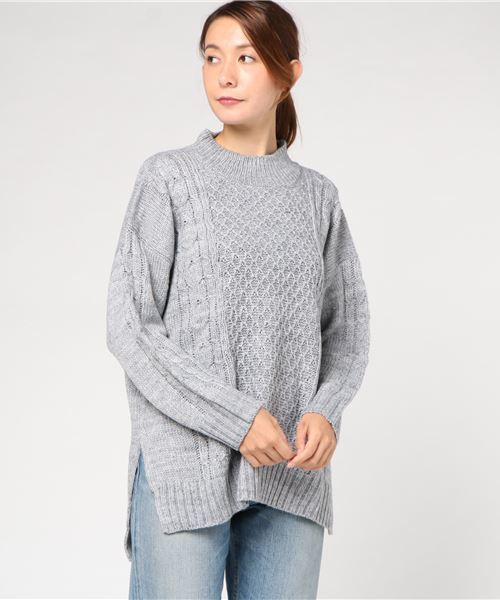 earth music&ecology(アースミュージックアンドエコロジー)の「アラン柄ケーブルニットチュニック(チュニック・レディース・ネイビー/ブルー/アイボリー/杢グレー/キャメル・FREE)」の3枚目の写真