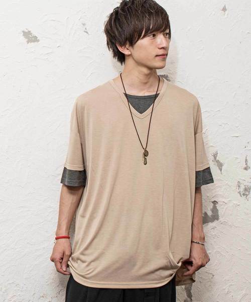 MinoriTY（マイノリティ）の「Ｖネックフェイクレイヤードビッグシルエット半袖Tシャツ カットソー（Tシャツ/カットソー・メンズ・ブラック/ベージュ/ネイビー/カーキ/ピンク・L/M）」の2枚目の写真