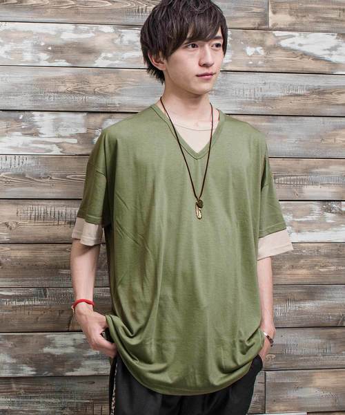 MinoriTY（マイノリティ）の「Ｖネックフェイクレイヤードビッグシルエット半袖Tシャツ カットソー（Tシャツ/カットソー・メンズ・ブラック/ベージュ/ネイビー/カーキ/ピンク・L/M）」の3枚目の写真