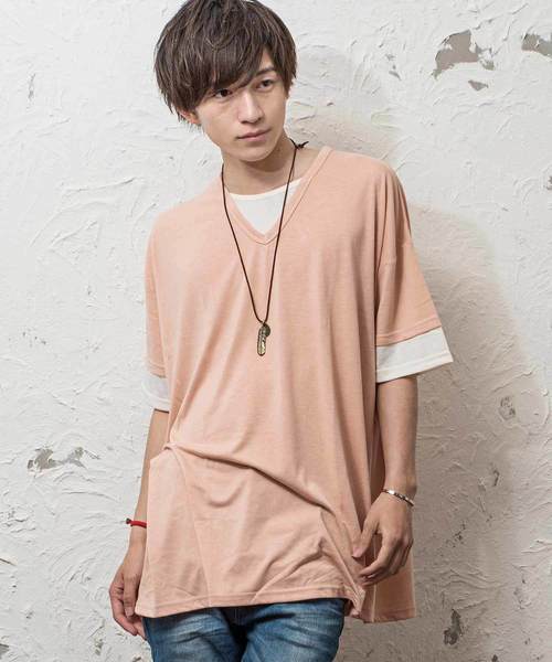 MinoriTY（マイノリティ）の「Ｖネックフェイクレイヤードビッグシルエット半袖Tシャツ カットソー（Tシャツ/カットソー・メンズ・ブラック/ベージュ/ネイビー/カーキ/ピンク・L/M）」の5枚目の写真