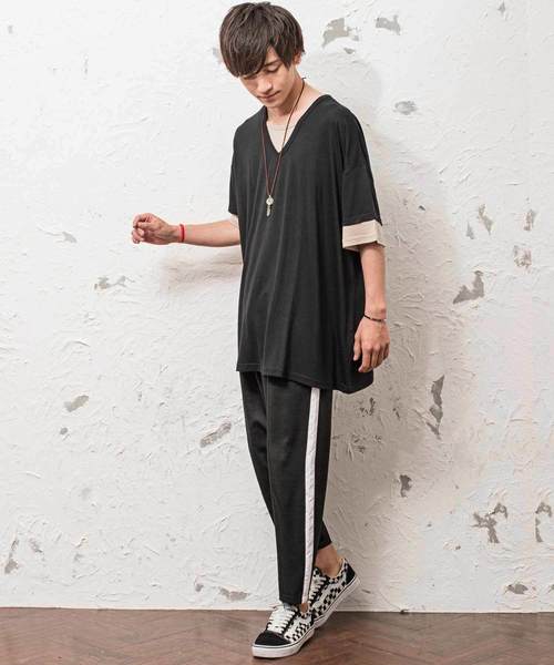 MinoriTY（マイノリティ）の「Ｖネックフェイクレイヤードビッグシルエット半袖Tシャツ カットソー（Tシャツ/カットソー・メンズ・ブラック/ベージュ/ネイビー/カーキ/ピンク・L/M）」の6枚目の写真