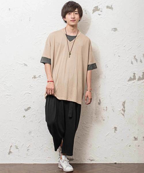 MinoriTY（マイノリティ）の「Ｖネックフェイクレイヤードビッグシルエット半袖Tシャツ カットソー（Tシャツ/カットソー・メンズ・ブラック/ベージュ/ネイビー/カーキ/ピンク・L/M）」の7枚目の写真