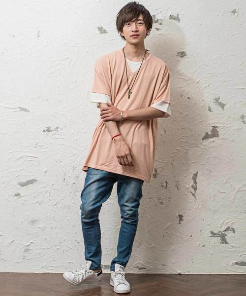 MinoriTY（マイノリティ）の「Ｖネックフェイクレイヤードビッグシルエット半袖Tシャツ カットソー（Tシャツ/カットソー・メンズ・ブラック/ベージュ/ネイビー/カーキ/ピンク・L/M）」の10枚目の写真