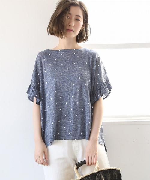 coen（コーエン）の「フレンチリネンドットプリントフリルスリーブTシャツ（Tシャツ/カットソー・レディース・グレー/ライトグレー/ネイビー・FREE）」の3枚目の写真