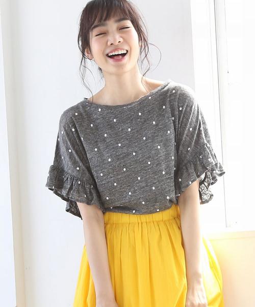 coen（コーエン）の「フレンチリネンドットプリントフリルスリーブTシャツ（Tシャツ/カットソー・レディース・グレー/ライトグレー/ネイビー・FREE）」の2枚目の写真