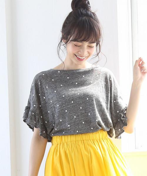 coen（コーエン）の「フレンチリネンドットプリントフリルスリーブTシャツ（Tシャツ/カットソー・レディース・グレー/ライトグレー/ネイビー・FREE）」の4枚目の写真