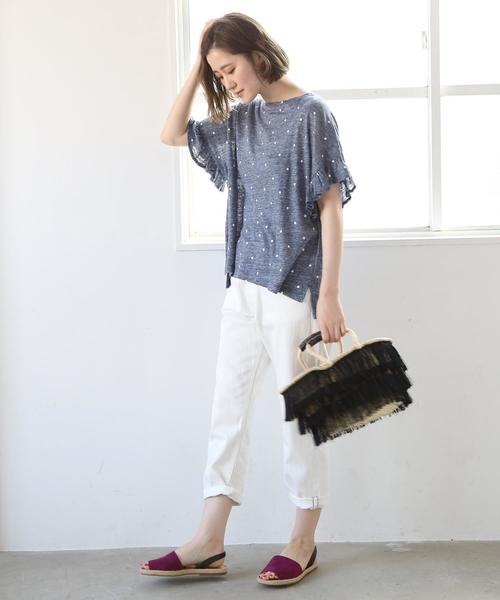 coen（コーエン）の「フレンチリネンドットプリントフリルスリーブTシャツ（Tシャツ/カットソー・レディース・グレー/ライトグレー/ネイビー・FREE）」の8枚目の写真