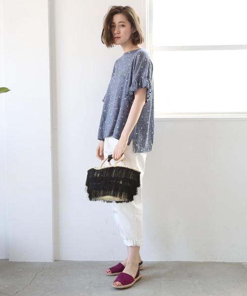 coen（コーエン）の「フレンチリネンドットプリントフリルスリーブTシャツ（Tシャツ/カットソー・レディース・グレー/ライトグレー/ネイビー・FREE）」の9枚目の写真