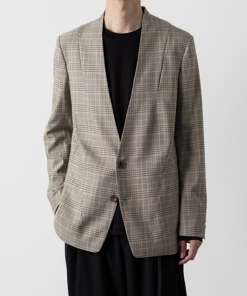 ato（アトウ）の「STRETCH CHECK NO-COLLAR JACKET（ノーカラージャケット・メンズ・グレイッシュベージュ・44/46/48）」の12枚目の写真