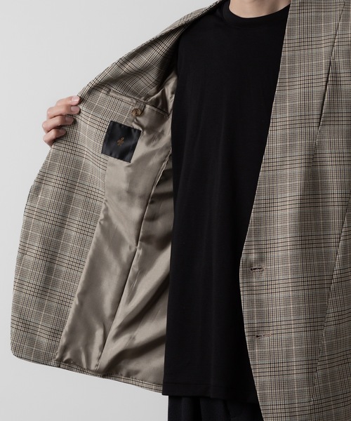 ato（アトウ）の「STRETCH CHECK NO-COLLAR JACKET（ノーカラージャケット・メンズ・グレイッシュベージュ・44/46/48）」の2枚目の写真