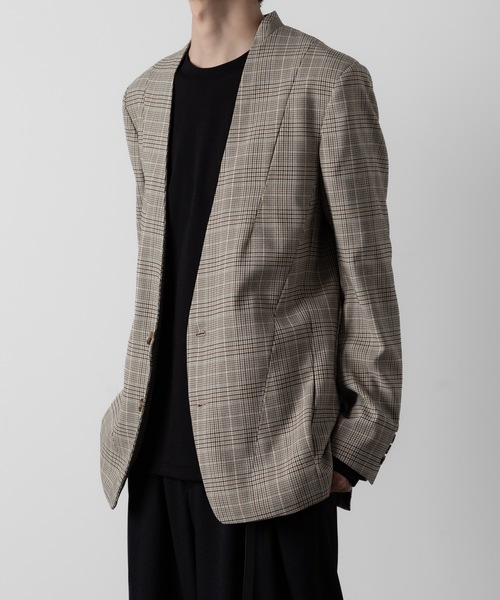 ato（アトウ）の「STRETCH CHECK NO-COLLAR JACKET（ノーカラージャケット・メンズ・グレイッシュベージュ・44/46/48）」の5枚目の写真