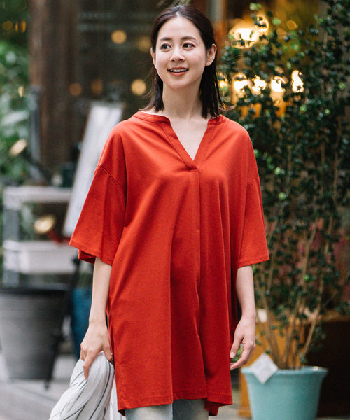 Munich(ミューニック)の「ドライタッチジャージバンドカラービッグシルエットロングTシャツ(Tシャツ/カットソー・レディース・ホワイト/ブラック/グレー/レッド・FREE)」の4枚目の写真