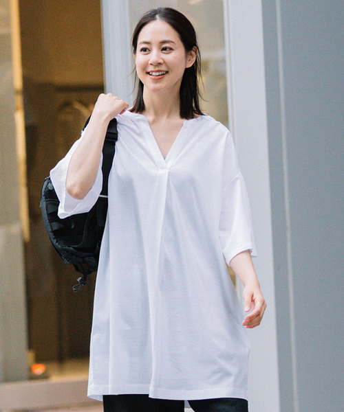 Munich(ミューニック)の「ドライタッチジャージバンドカラービッグシルエットロングTシャツ(Tシャツ/カットソー・レディース・ホワイト/ブラック/グレー/レッド・FREE)」の2枚目の写真