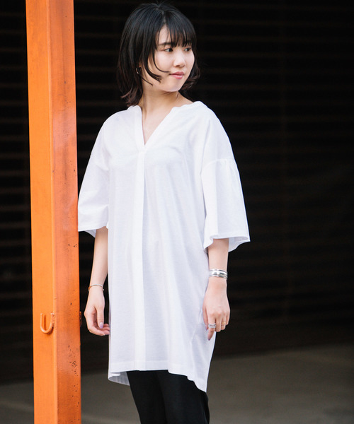 Munich(ミューニック)の「ドライタッチジャージバンドカラービッグシルエットロングTシャツ(Tシャツ/カットソー・レディース・ホワイト/ブラック/グレー/レッド・FREE)」の8枚目の写真