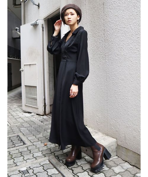 EMODA（エモダ）の「カシュクールオープンカラーシャツワンピース（ワンピース・レディース・ブラック/ブラウン/カーキ・FREE）」の14枚目の写真