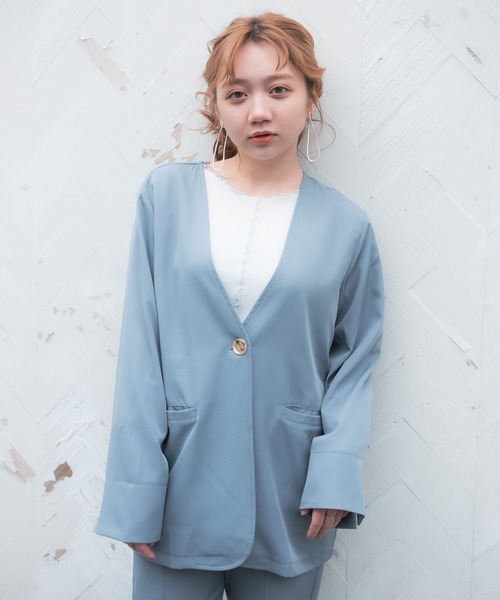 VANNIE U（ヴァニーユー）の「ノーカラーとろみジャケット（ノーカラージャケット・レディース・ライトブルー/ベージュ/ライトグリーン・FREE）」の5枚目の写真