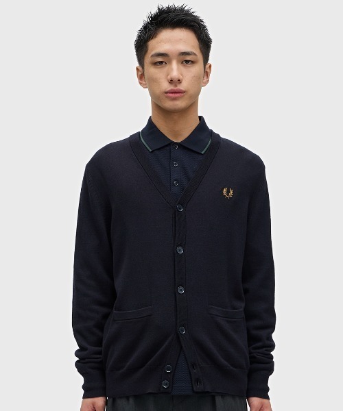 美品 フレッドペリー 黒 × 紫 × グレー × 白 カーディガン M 中古・古着通販】FRED PERRY (フレッドペリー) ニット