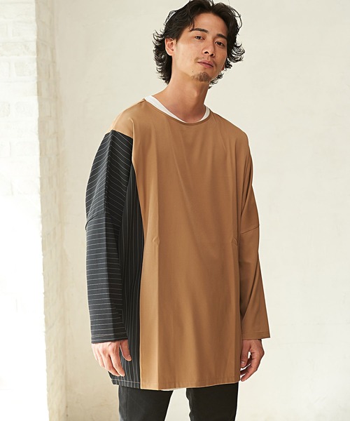 ストライプ切り替えワイドシルエットドルマンTシャツ/CARE20-55【/】