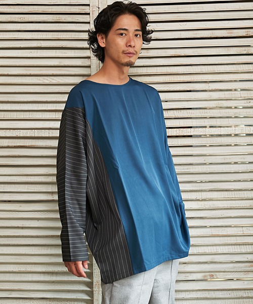 ストライプ切り替えワイドシルエットドルマンTシャツ/CARE20-55【/】