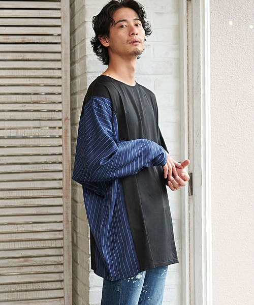 ストライプ切り替えワイドシルエットドルマンTシャツ/CARE20-55【/】