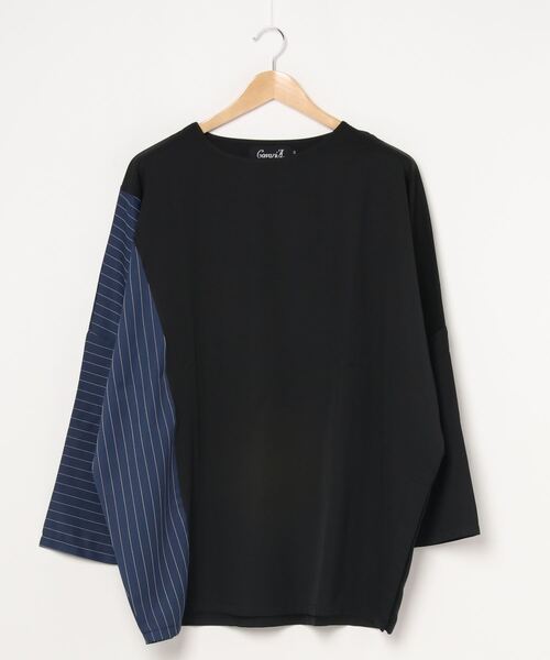 ストライプ切り替えワイドシルエットドルマンTシャツ/CARE20-55【/】