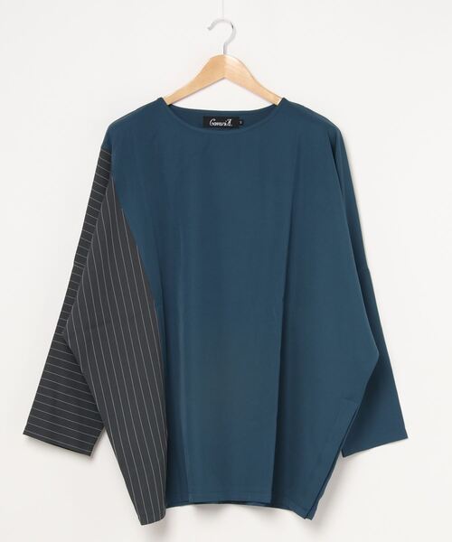 ストライプ切り替えワイドシルエットドルマンTシャツ/CARE20-55【/】