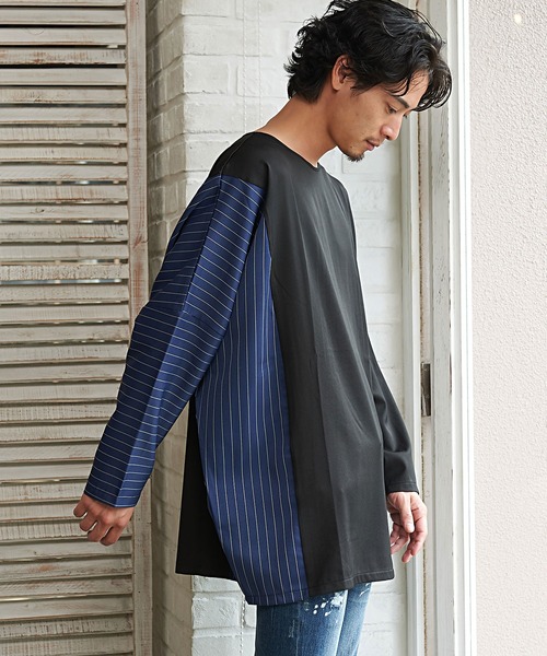 ストライプ切り替えワイドシルエットドルマンTシャツ/CARE20-55【/】