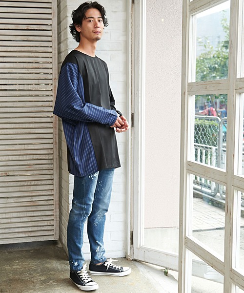 ストライプ切り替えワイドシルエットドルマンTシャツ/CARE20-55【/】