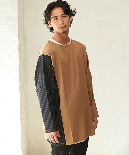 ストライプ切り替えワイドシルエットドルマンTシャツ/CARE20-55【/】