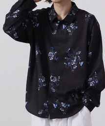 とろみ ルーズシルエット 長袖 総柄 ボリュームスリーブ レギュラーカラーシャツ