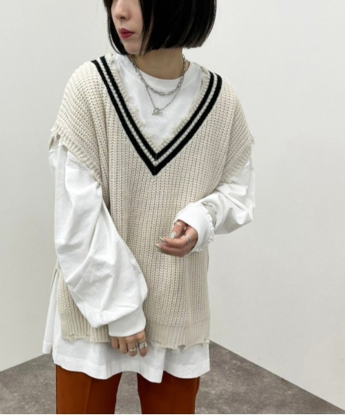 apres jour mignon(アプレジュールミニョン)の「ダメージチルデンニットベスト【ZOZOTOWN限定アイテム】(ベスト・レディース・ブラック/ダークブルー/アイボリー・フリー/X-LARGE)」の4枚目の写真