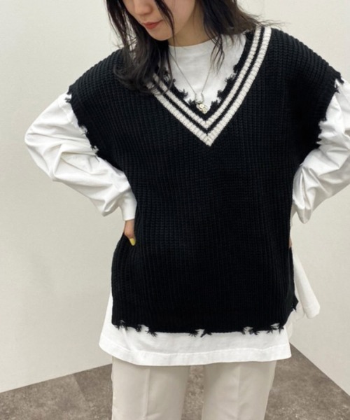 apres jour mignon(アプレジュールミニョン)の「ダメージチルデンニットベスト【ZOZOTOWN限定アイテム】(ベスト・レディース・ブラック/ダークブルー/アイボリー・フリー/X-LARGE)」の13枚目の写真