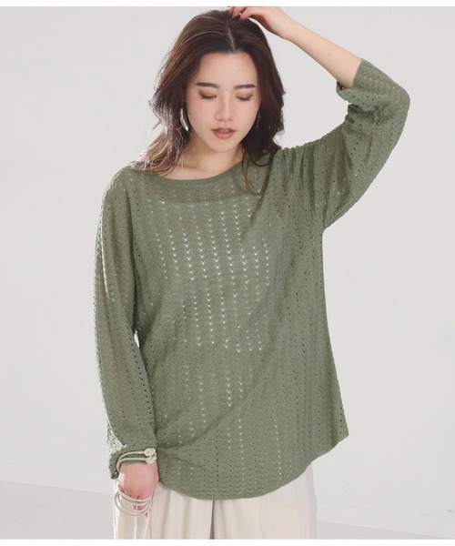 Alluge（アルージュ）の「針抜き編みフレアスリーブプルオーバー（Tシャツ/カットソー・レディース・オリーブ/ブラック/アイボリー・FREE）」の3枚目の写真