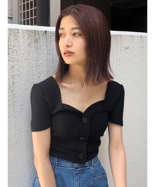 EMODA（エモダ）の「フロントボタンショートリブトップ（Tシャツ/カットソー・レディース・ブラック/パープル/マスタード/アイボリー・FREE）」の16枚目の写真