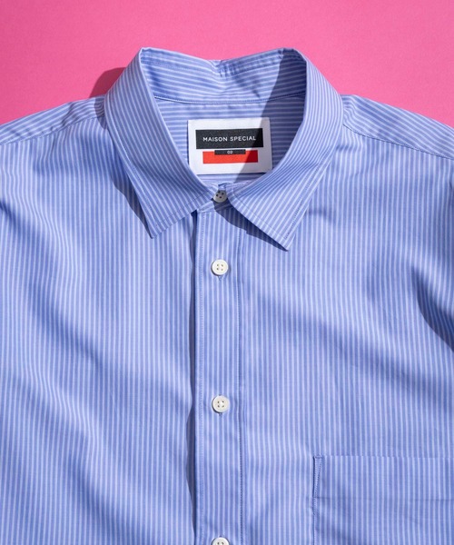 MAISON SPECIAL メゾンスペシャル ストライプ ブルー シャツ 半袖 MAISON SPECIAL(メゾンスペシャル)｜Striped Zip Shirt