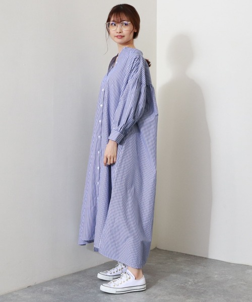 archives（アルシーヴ）の「ボリューム袖ストライプシャツワンピース（シャツワンピース・レディース・グリーン/ネイビー/パープル・MEDIUM）」の5枚目の写真