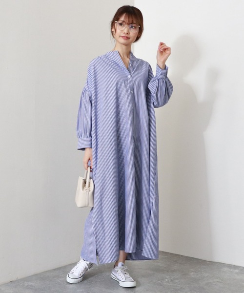 archives（アルシーヴ）の「ボリューム袖ストライプシャツワンピース（シャツワンピース・レディース・グリーン/ネイビー/パープル・MEDIUM）」の10枚目の写真