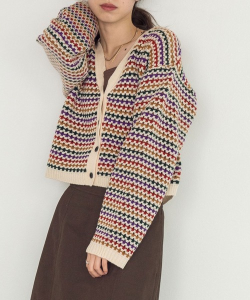 w closet（ダブルクローゼット）の「【新色追加】7Gマルチボーダーカーディガン（カーディガン/ボレロ・レディース・グリーン/ブラック/オフホワイト/ホワイト系その他/ブラック系その他・FREE）」の2枚目の写真