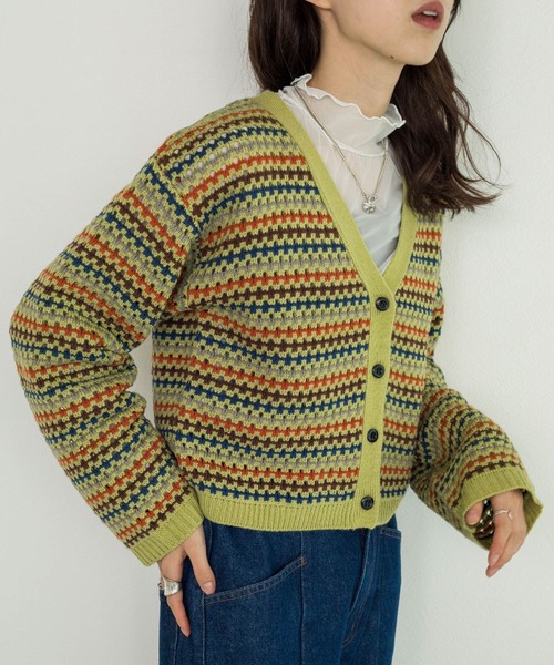 w closet（ダブルクローゼット）の「【新色追加】7Gマルチボーダーカーディガン（カーディガン/ボレロ・レディース・グリーン/ブラック/オフホワイト/ホワイト系その他/ブラック系その他・FREE）」の5枚目の写真