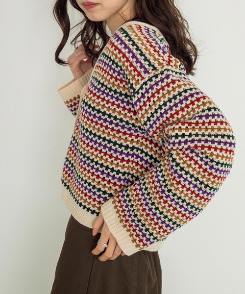 w closet（ダブルクローゼット）の「【新色追加】7Gマルチボーダーカーディガン（カーディガン/ボレロ・レディース・グリーン/ブラック/オフホワイト/ホワイト系その他/ブラック系その他・FREE）」の8枚目の写真