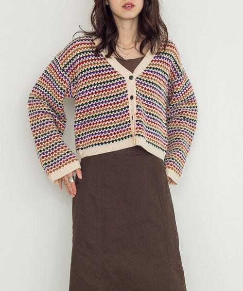 w closet（ダブルクローゼット）の「【新色追加】7Gマルチボーダーカーディガン（カーディガン/ボレロ・レディース・グリーン/ブラック/オフホワイト/ホワイト系その他/ブラック系その他・FREE）」の12枚目の写真