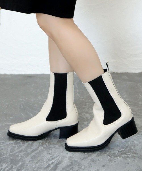 スクエアトゥのヒールサイドゴアブーツ