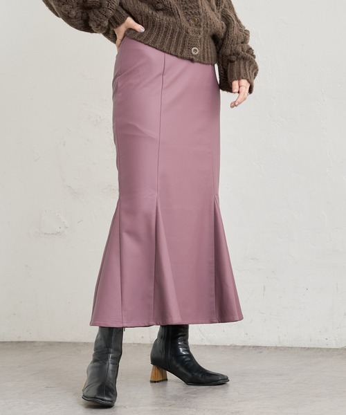 natural couture(ナチュラルクチュール)の「【WEB限定】合皮&ビッグチェックウエストマーメイドスカート Mサイズ(スカート・レディース・ベージュ系/パープル/ブラウン系/モカ・MEDIUM)」の1枚目の写真